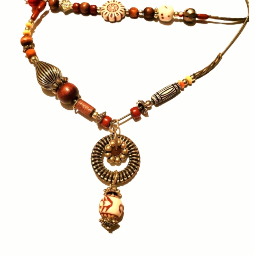 Vintage Avon Tribal Necklace Wooden & Antique-Silver Beads